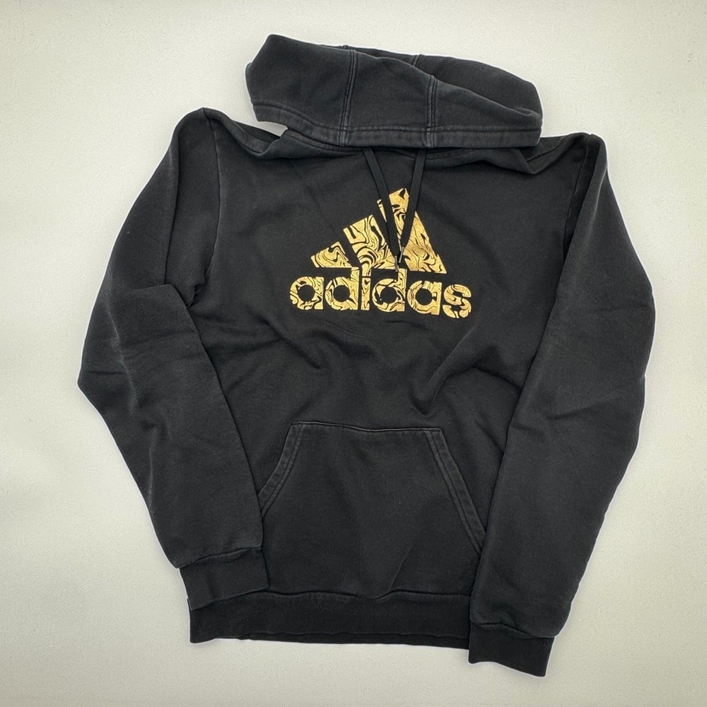Adidas Womens Hoodie Black Gold Foil Marble Logo Fleece‎ Pullover Sweatshirt M